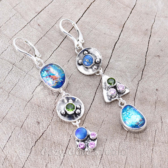 Dichroic glass dangle earrings  accented with semi-precious lapis lazuli and sparkly cubic zirconias. (E750)