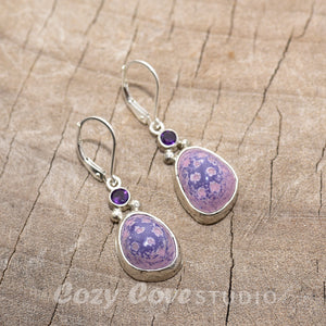 Enamel earrings in tones of pink and purple accented with sparkly amethysts (E762)