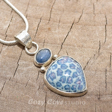 Load image into Gallery viewer, Pendant necklace with hand made enamel cabochon in shades of blue in a setting of sterling silver. (N764)

