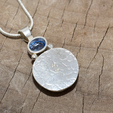 Load image into Gallery viewer, Pendant necklace with hand made enamel cabochon in blue over pale yellow in a hand crafted setting of sterling silver. (N765)

