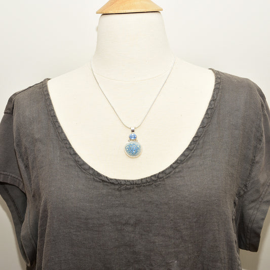 Artisan Blue & Cream Enamel Pendant Necklace | Handcrafted Sterling Silver | Aquamarine Blue Cubic Zirconia