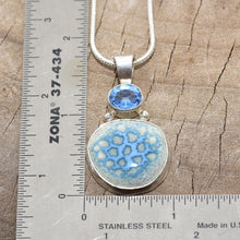 Load image into Gallery viewer, Pendant necklace with hand made enamel cabochon in blue over pale yellow in a hand crafted setting of sterling silver. (N765)
