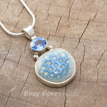 Load image into Gallery viewer, Pendant necklace with hand made enamel cabochon in blue over pale yellow in a hand crafted setting of sterling silver. (N765)
