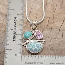 Load image into Gallery viewer, Pendant necklace with handmade enamel cabochon in pale pink and turquoise  in a hand crafted setting of sterling silver. (N766)

