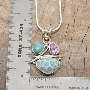 Pendant necklace with handmade enamel cabochon in pale pink and turquoise  in a hand crafted setting of sterling silver. (N766)