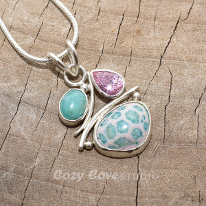 Pendant necklace with handmade enamel cabochon in pale pink and turquoise  in a hand crafted setting of sterling silver. (N766)