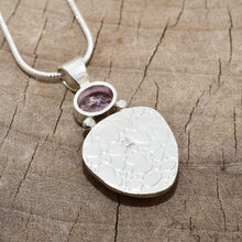 Load image into Gallery viewer, Pendant necklace with handmade enamel cabochon in pale pink and purple  in a hand crafted setting of sterling silver. (N767)
