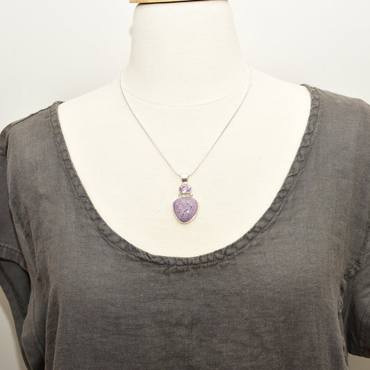 Artisan Pink & Purple Enamel Pendant Necklace | Handcrafted Sterling Silver | Genuine Oval Amethyst
