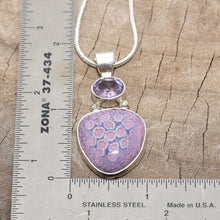 Load image into Gallery viewer, Pendant necklace with handmade enamel cabochon in pale pink and purple  in a hand crafted setting of sterling silver. (N767)
