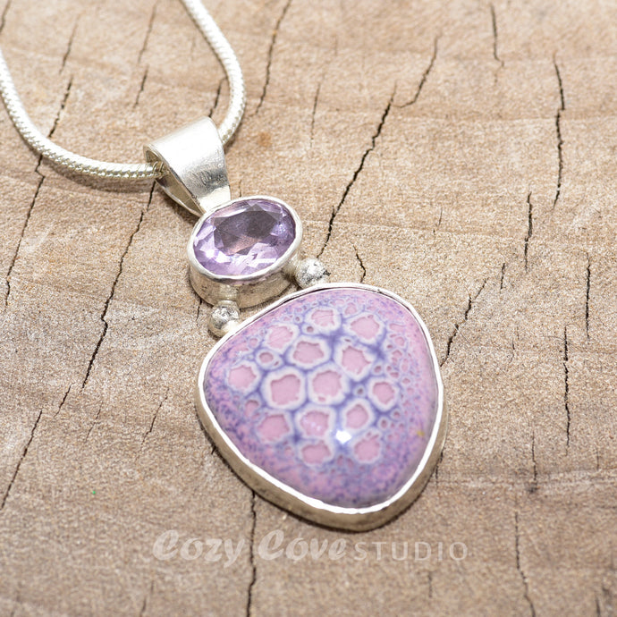 Pendant necklace with handmade enamel cabochon in pale pink and purple  in a hand crafted setting of sterling silver. (N767)
