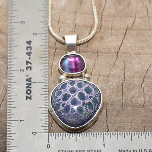 Pendant necklace with handmade enamel cabochon in blue, pink and purple  in a hand crafted setting of sterling silver. (N768)