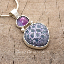Load image into Gallery viewer, Pendant necklace with handmade enamel cabochon in blue, pink and purple  in a hand crafted setting of sterling silver. (N768)
