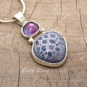 Pendant necklace with handmade enamel cabochon in blue, pink and purple  in a hand crafted setting of sterling silver. (N768)