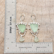 Load image into Gallery viewer, Pale green sea glass earrings in hand crafted settings of sterling silve accented with prehnite briolette dangles. (E769)
