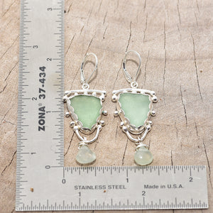 Pale green sea glass earrings in hand crafted settings of sterling silve accented with prehnite briolette dangles. (E769)