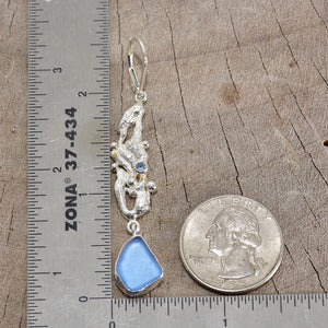 Dramatic long cornflower blue sea glass earrings in hand crafted settings of sterling silver (E772)