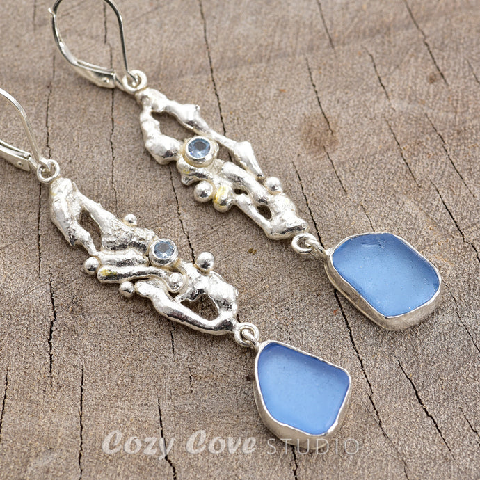 Dramatic long cornflower blue sea glass earrings in hand crafted settings of sterling silver (E772)