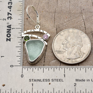 Pale aqua sea glass earrings in hand crafted settings of sterling silver (E774)