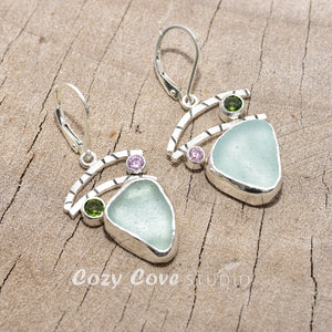 Pale aqua sea glass earrings in hand crafted settings of sterling silver (E774)