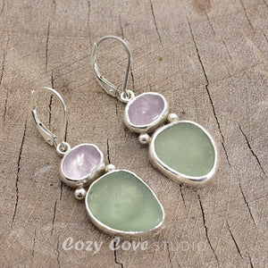 Pale seafoam green sea glass earrings in hand crafted settings of sterling silver (E776)