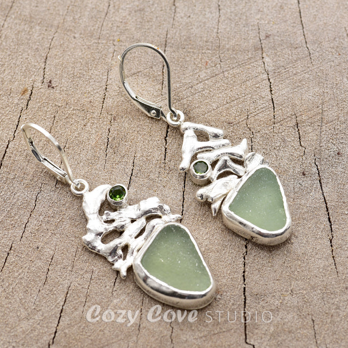 Pale seafoam green sea glass earrings in hand crafted settings of sterling silver (E777)