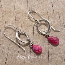 Load image into Gallery viewer, Earrings of hand wire wrapped ruby briolettes dangle from circles of hand forged sterling silver (E779)
