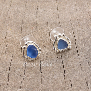Cornflower blue sea glass post earrings in hand crafted settings of sterling silver (E783)