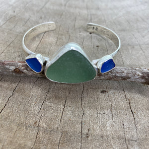 Green and blue sea glass cuff bracelet in a hand crafted sterling silver setting (B790)