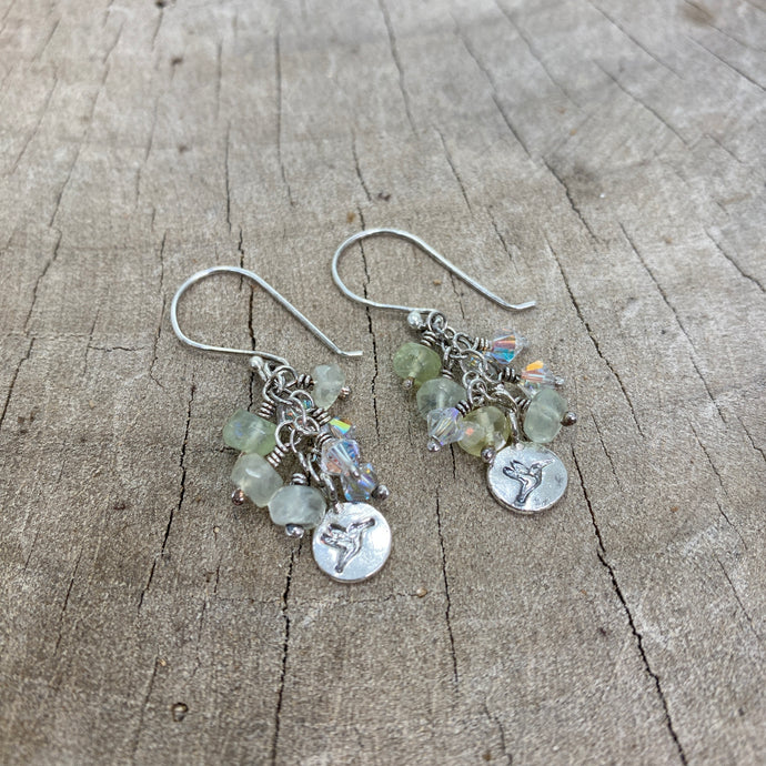 Pale green prehnite dangle earrings with a handstamped hummingbird in sterling silver (E792)