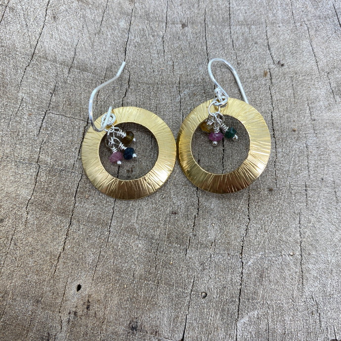 Dangle earrings with textured circles of brass with dangles of sterling silver hand wire wrapped tourmaline beads (E793)