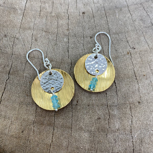 Dangle earrings with disks brass and sterling silver accented with dangles of aqua apatite beads (E794)