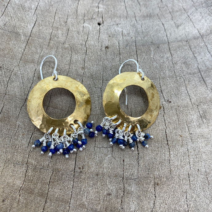 Dangle earrings with circles of brass accented with dangles of blue lapis lazuli  beads (E795)