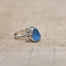 Load image into Gallery viewer, Sea glass ring in cornflower blue with sparkly cubic zirconia side stones (R808)
