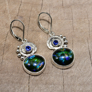 Dichroic glass dangle earrings in hand crafted setting sterling silver. (E815)