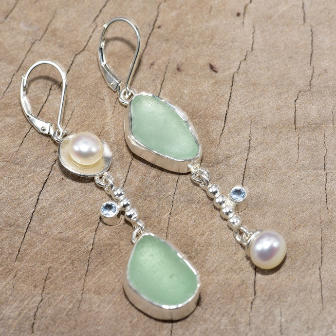 Sea glass earrings accented with freshwater pearls in handcrafted sterling silver settings (E817)
