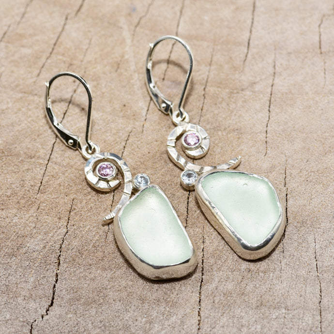 Sea glass earrings accented with sparkly cubic zirconias in handcrafted sterling silver settings (E818)