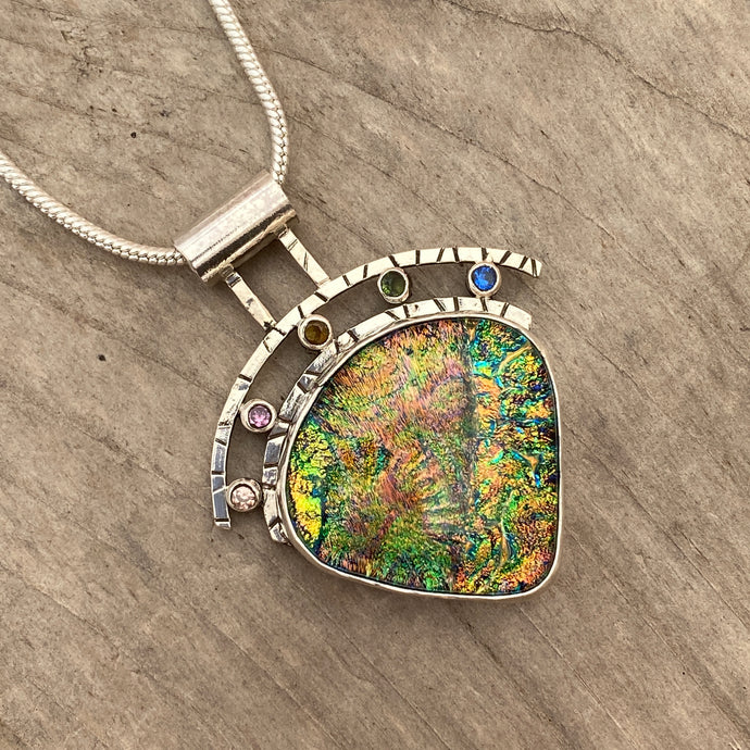 Flashy multicolor dichroic glass necklace in a hand crafted setting of sterling silver (N822)