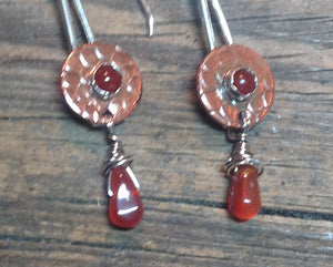 Handmade copper and sterling silver earrings with carnelian cabochons and dangles. (E87)