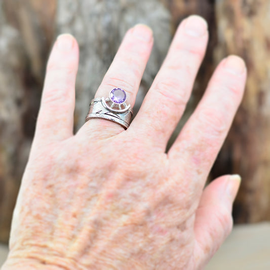 Amethyst ring in sterling silver as worn on hand